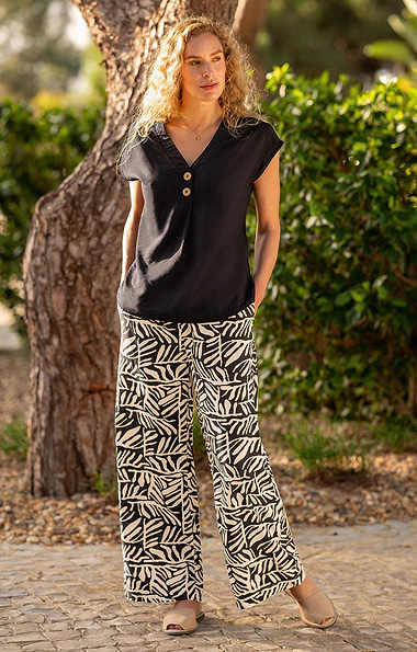 Ladies Tie Waist Wide Leg Printed Trousers