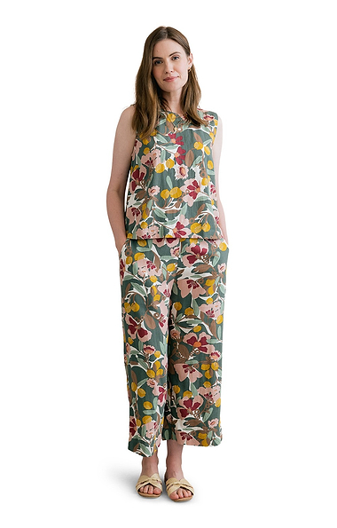 Ladies Lily & Me Greta Linen Blend Cropped Print Trousers