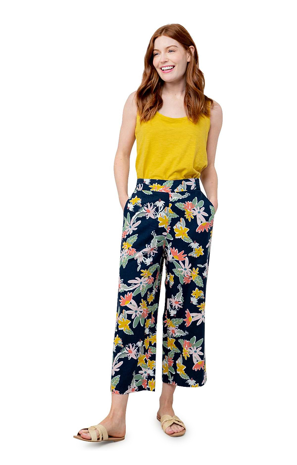 Ladies Lily & Me Greta Linen Blend Cropped Print Trousers