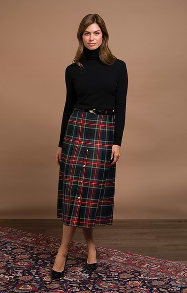 Ladies Gold Button Plaid Skirt
