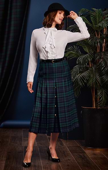 Ladies Gold Button Plaid Skirt