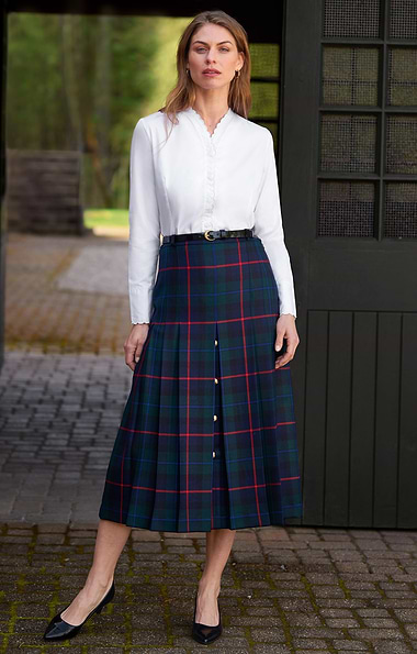 Ladies Gold Button Plaid Skirt