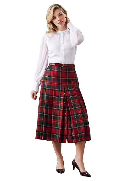 Ladies Gold Button Plaid Skirt