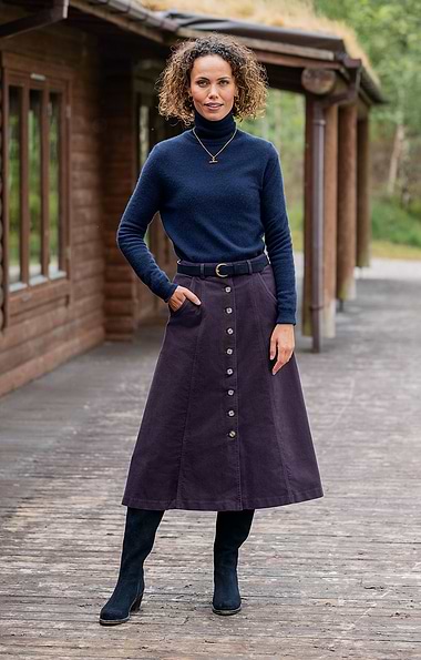 Ladies Stretch Moleskin Long Button Skirt