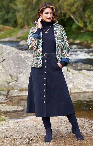 Ladies Stretch Moleskin Long Button Skirt