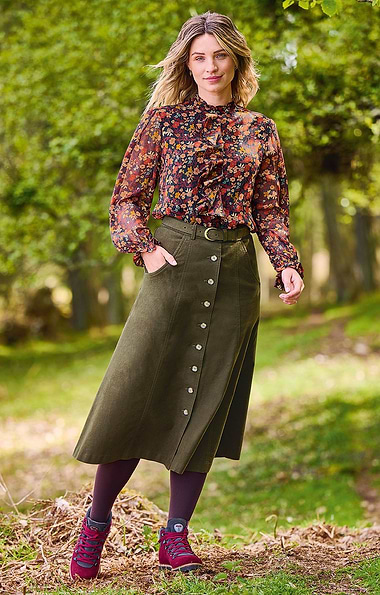 Ladies Stretch Moleskin Long Button Skirt