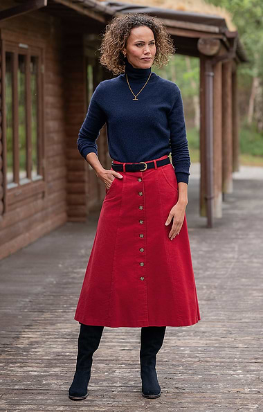 Ladies Stretch Moleskin Long Button Skirt
