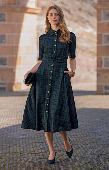Ladies Plaid Gold Button Dress