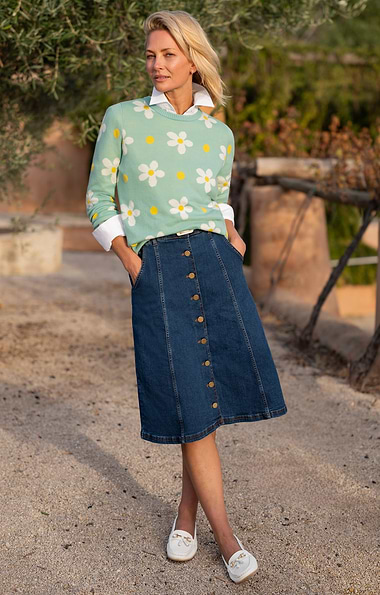 Ladies Button Through Stretch Denim Skirt