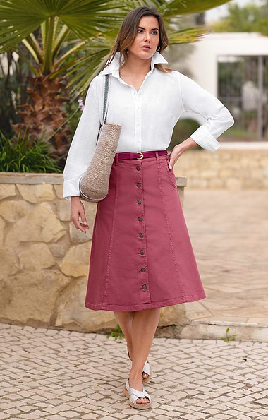 Ladies Button Through Stretch Denim Skirt