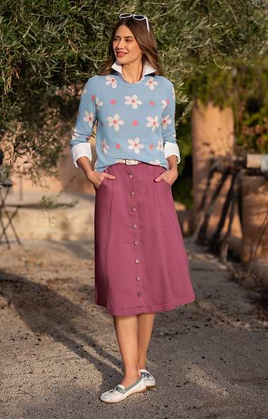 Ladies Button Through Stretch Denim Skirt