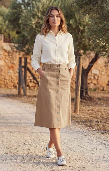 Ladies Button Through Stretch Denim Skirt