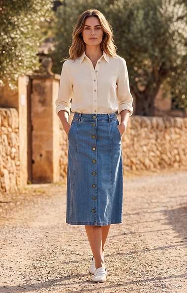 Ladies Button Through Stretch Denim Skirt