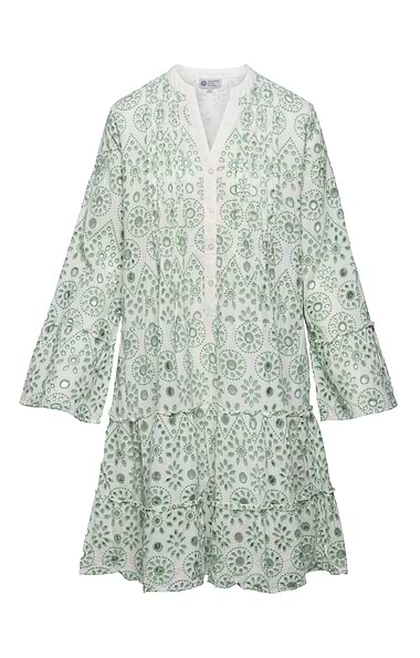 Ladies Broderie Anglaise Tiered Long Sleeve Dress