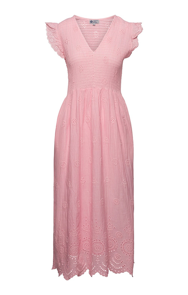 Ladies Broderie Anglaise V Neck Smocked Bodice Dress