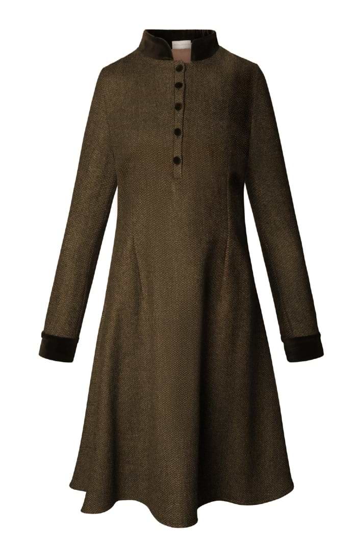 Ladies Velvet Trim Tweed Midi Dress, Brown - House of Bruar