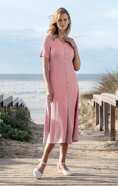 Ladies Linen Blend Button Detail Dress
