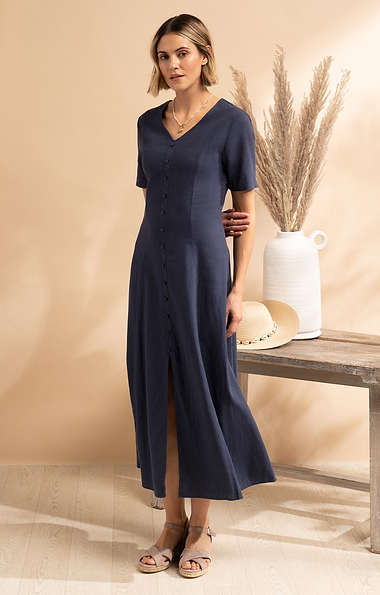 knee length dresses for ladies Lucille Dress in French Navy | Classic 1940s Style Shirtwaist Dress