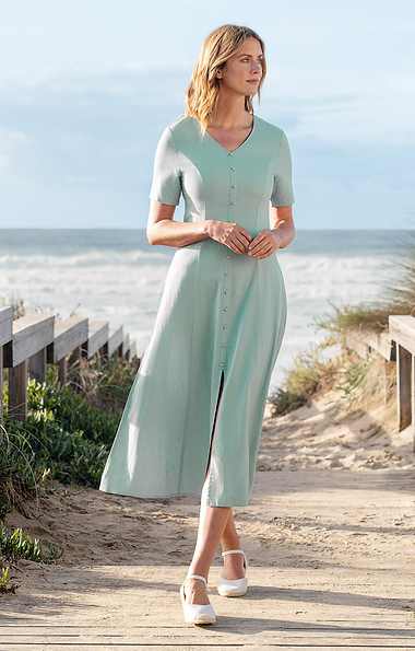 Ladies Linen Blend Button Detail Dress