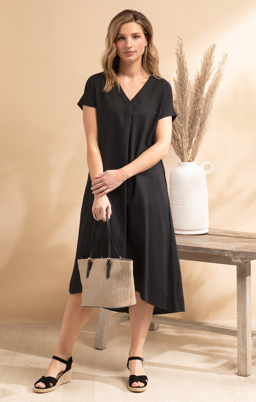 floaty linen dress Women's Petite Natural Textured Linen Look Scoop Floaty Maxi Dress
