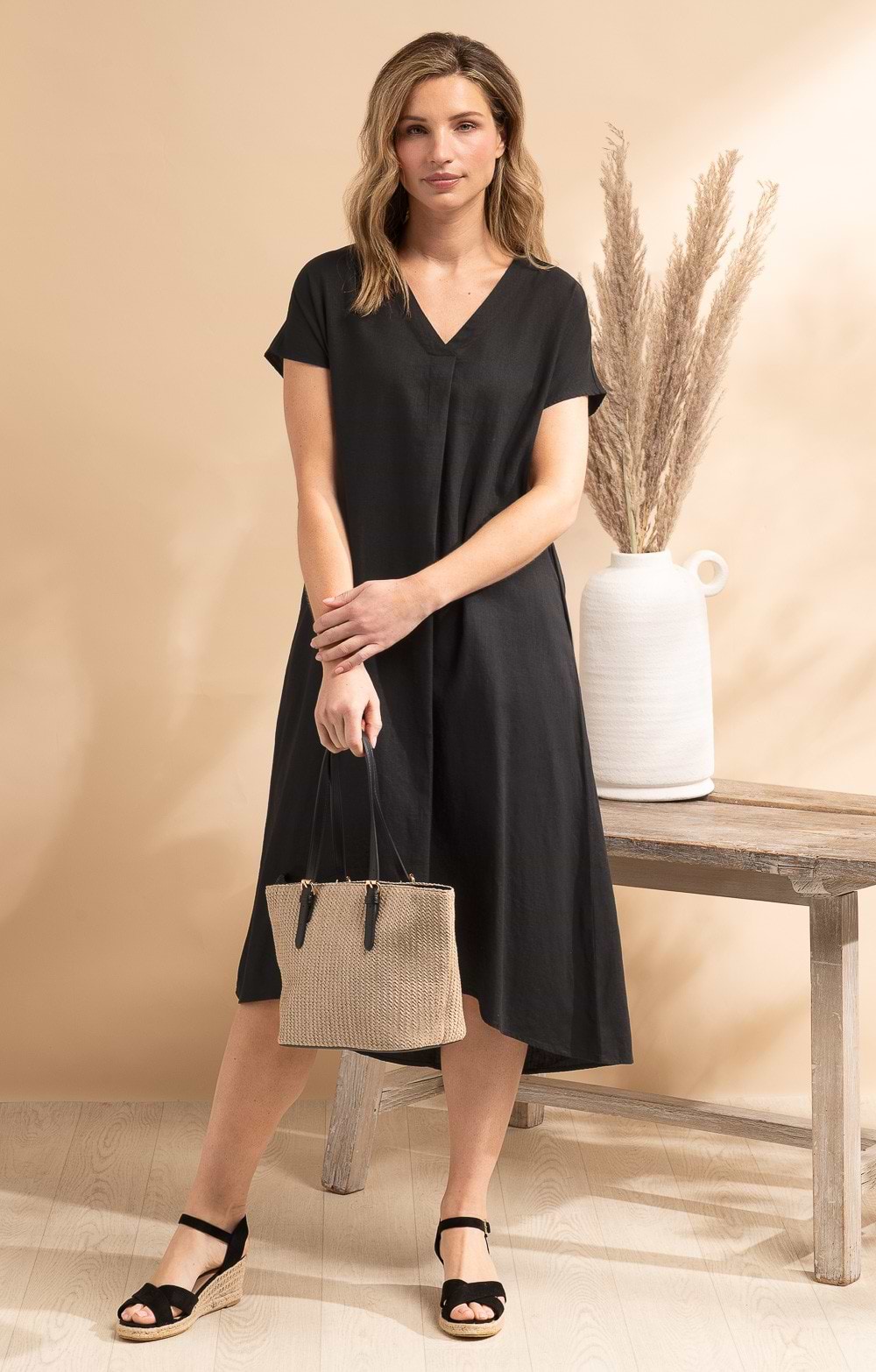 floaty linen dress Women's Petite Natural Textured Linen Look Scoop Floaty Maxi Dress