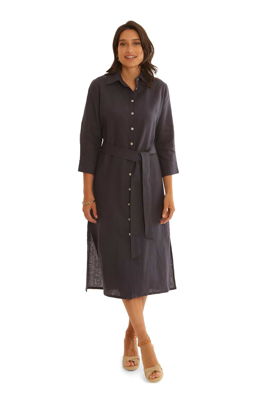 Ladies Pomodoro Linen Waist Tie Shirt Dress, Navy - House of Bruar Ladies Pomodoro Linen Waist Tie Shirt Dress, Navy - House of Bruar