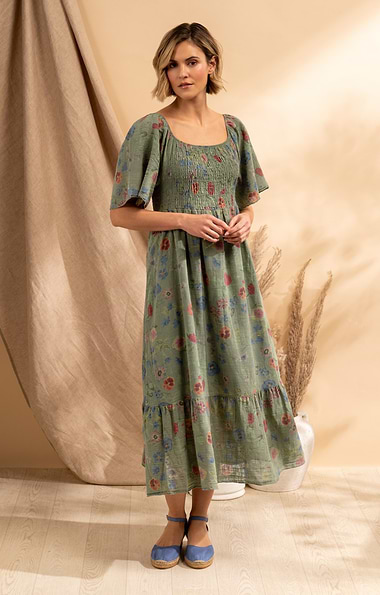 Ladies Print Cotton Tiered Smock Dress
