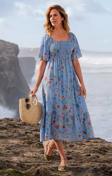 Ladies Print Cotton Tiered Smock Dress