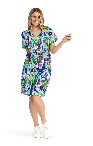 Ladies One Summer Tie Neck Pleat Detail Print Dress