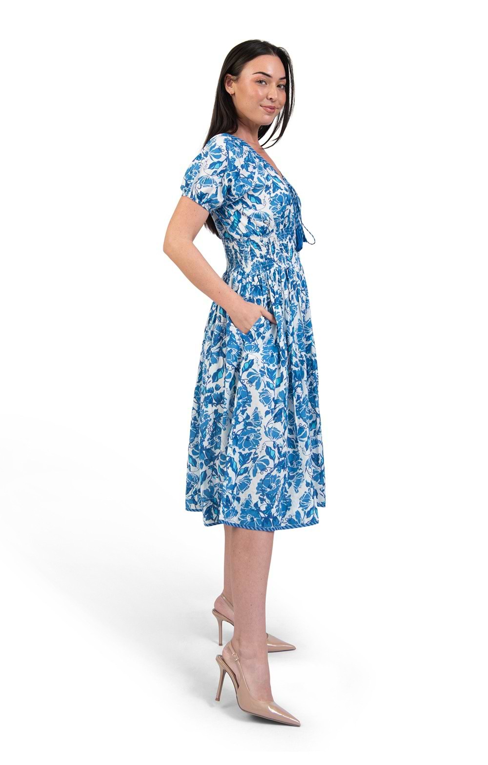 ladies blue dress Short Sleeve Print Midi Dress, Asian size is smaller season_AW26 Embracing the art of Size:US 13