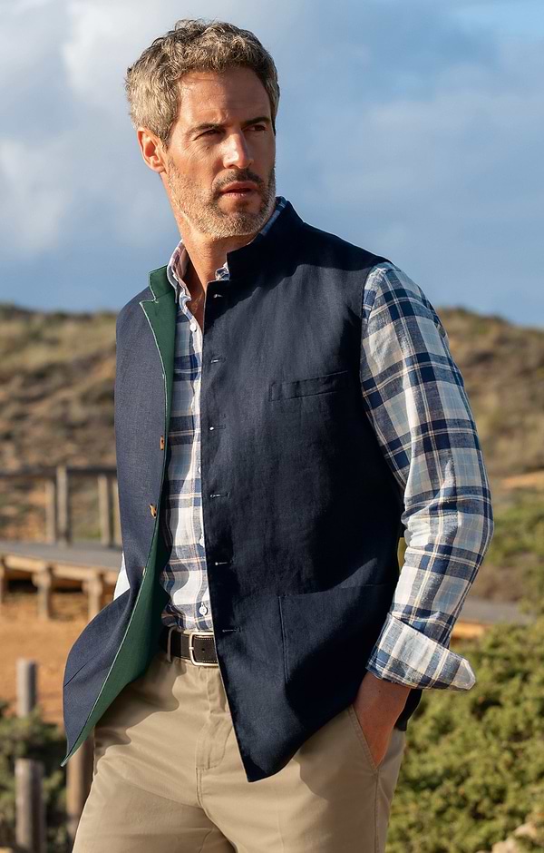 Men's Linen Contrast Country Waistcoat