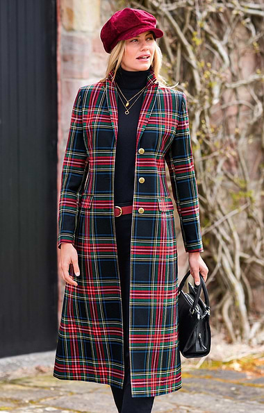 Ladies Single Breasted Full Length Tartan Coat