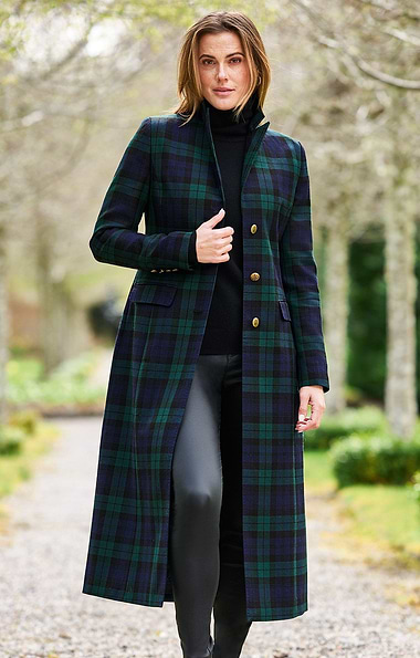 Ladies Single Breasted Full Length Tartan Coat