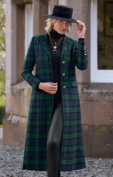 Ladies Single Breasted Full Length Tartan Coat