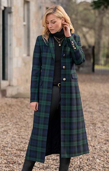 Ladies Single Breasted Full Length Tartan Coat