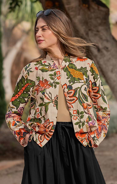 Ladies Linen Cotton Blend Floral Bomber Jacket