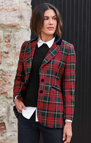 Ladies Velvet Trim Tartan Blazer