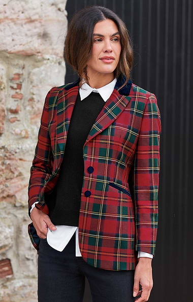 Ladies Velvet Trim Tartan Blazer