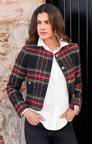 Ladies Tartan Tweed Gold Button Crew Blazer