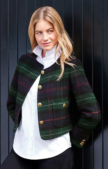Ladies Tartan Tweed Gold Button Crew Blazer