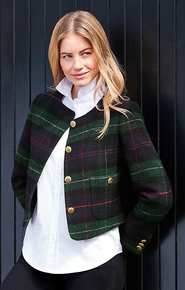 Ladies Tartan Tweed Gold Button Crew Blazer