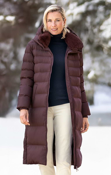 Ladies Rino & Pelle Long Quilt Coat with Faux Fur Collar