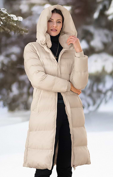 Ladies Rino & Pelle Long Quilt Coat with Faux Fur Collar