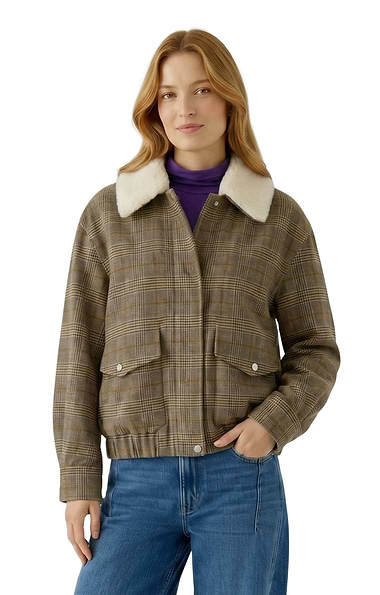 Ladies Oui Faux Fur Collar Tweed Bomber Jacket