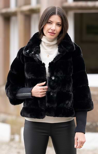 Ladies Rino & Pelle Feline Ribbed Faux Fur Knit Trim Jacket