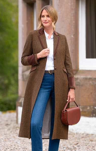 Ladies Velvet Trim Tweed Long Coat
