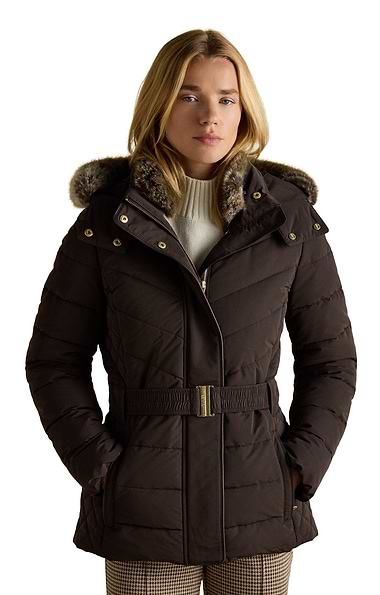 Ladies Joules Aspen Showerproof Padded Coat with Faux Fur
