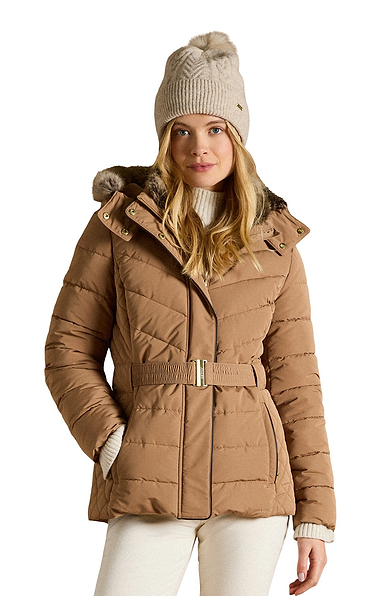 Ladies Joules Aspen Showerproof Padded Coat with Faux Fur