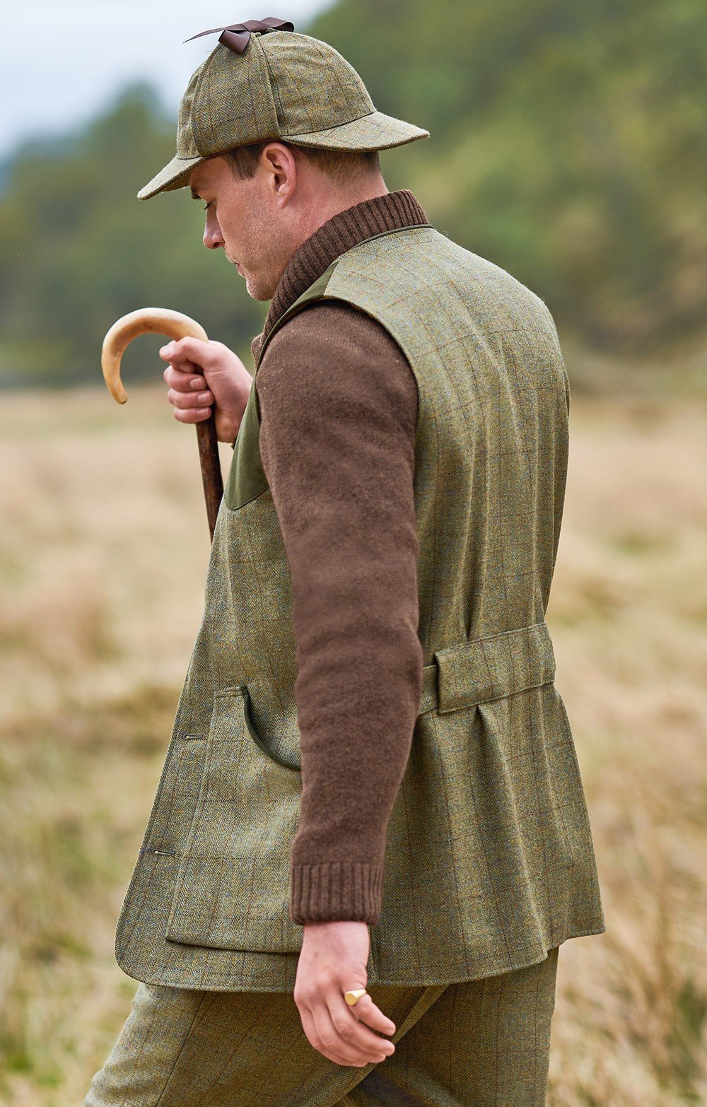 Mens British Saxony Tweed Shooting Waistcoat, Green - House of Bruar