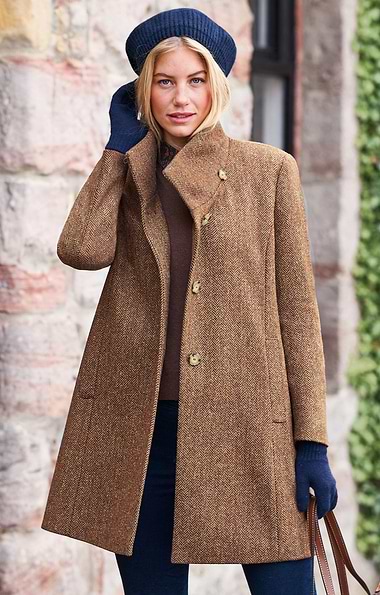 Ladies Herringbone Tweed Funnel Coat
